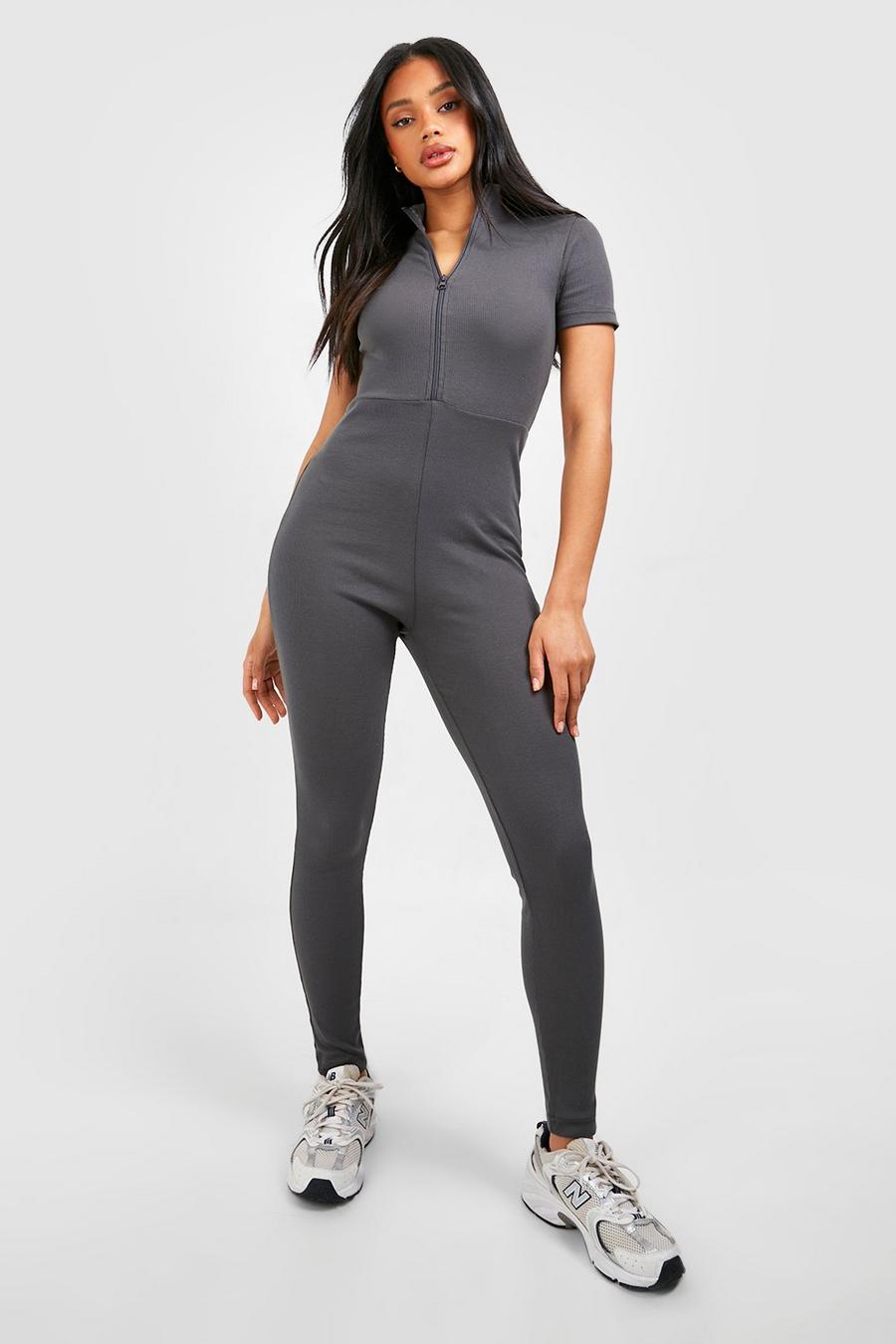 Charcoal grey Rib Zip Front Short Sleeve Unitard Jumpsuit 