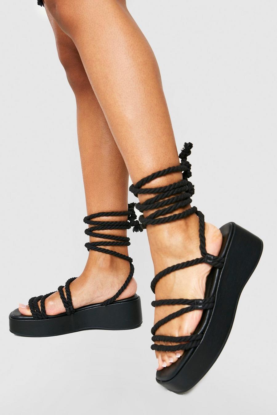 Black Rope Detail Flatform Sandals image number 1