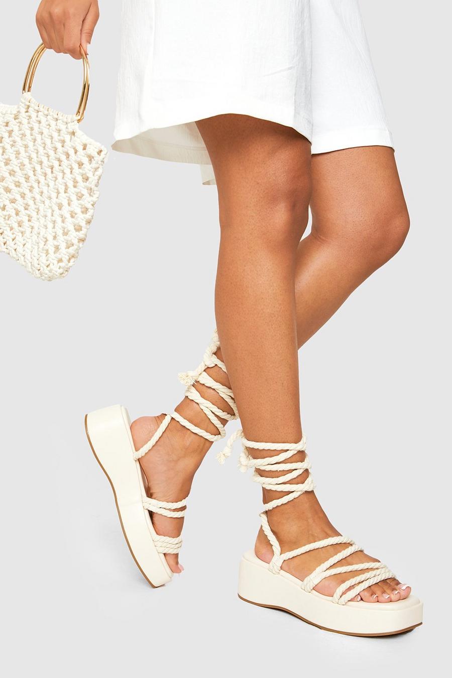 Rope Detail Flatform Sandals, Cream bianco