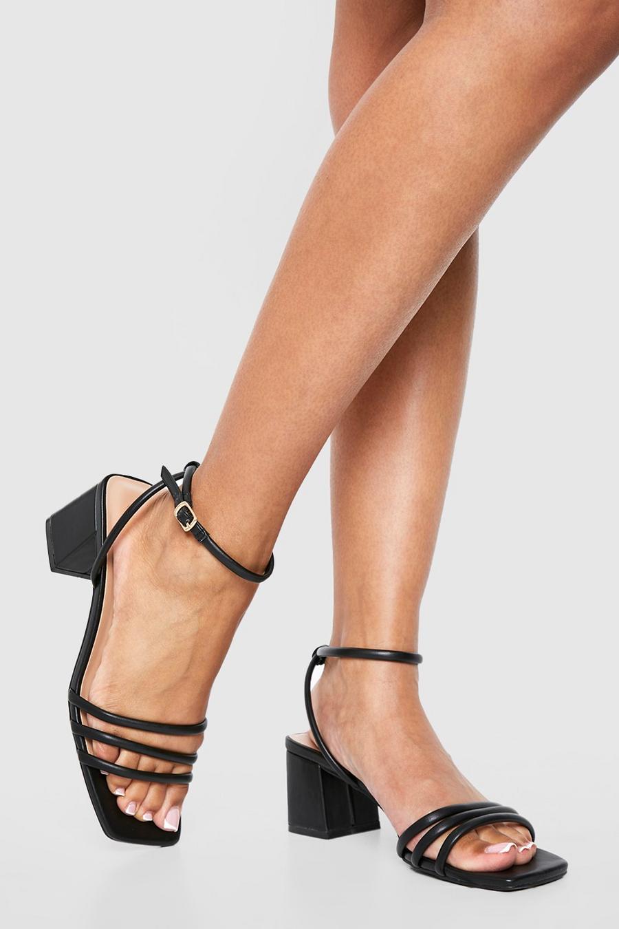 Black noir Square Toe Triple Strap Low Block Heel Sandals