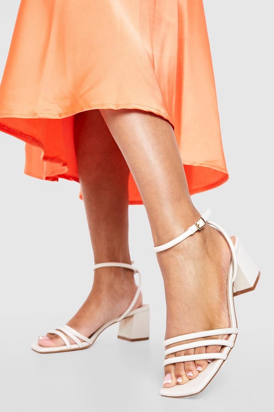 Ecru white Square Toe Triple Strap Low Block Heel Sandals
