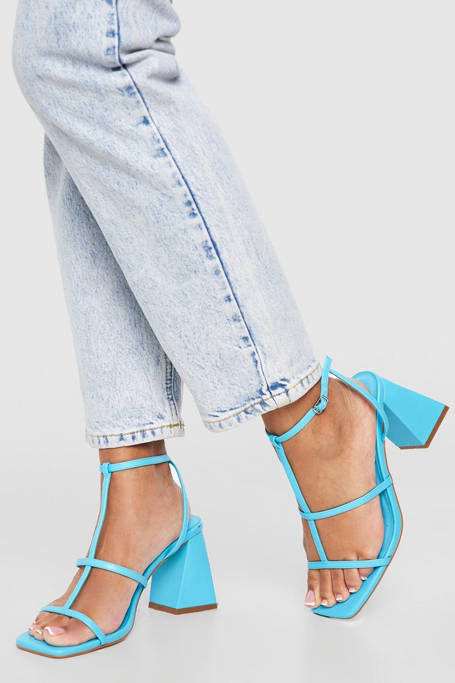 Blue blau Square Toe T-bar Block Heel Sandals