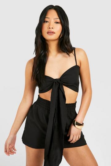 Black Petite Tie Front Bralette & Short Two-Piece