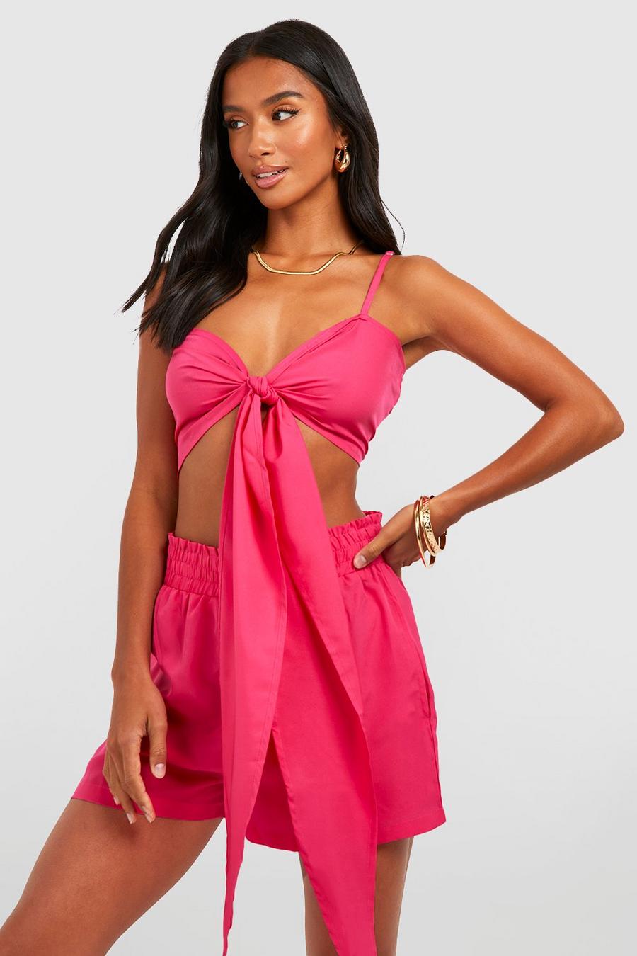 Hot pink Petite Tie Front Bralette & Short Two-Piece image number 1