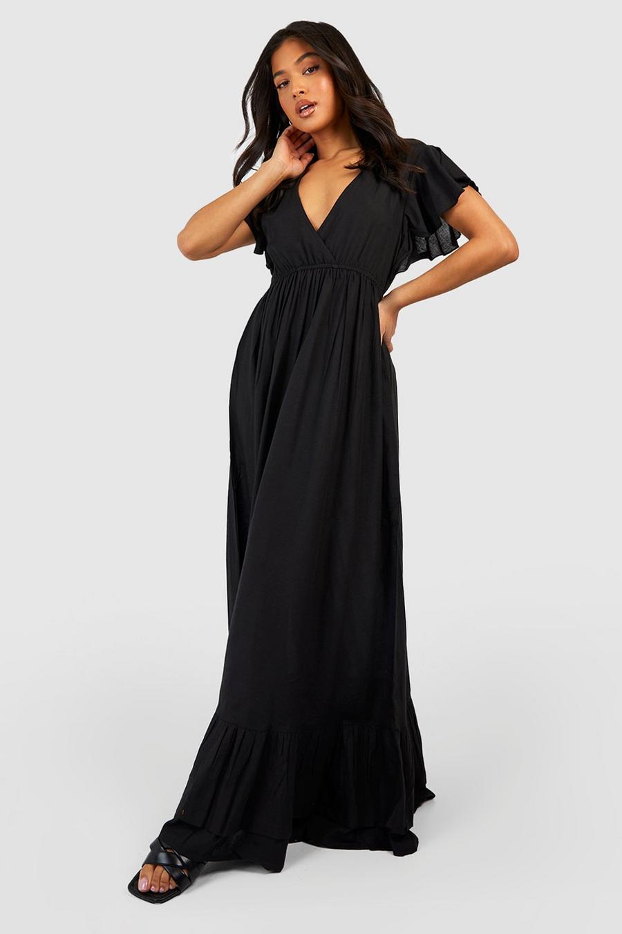 Black Petite Angel Sleeve Linen Maxi Dress image number 1