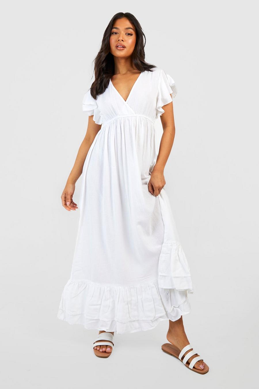 White Petite Angel Sleeve Linen Maxi Dress image number 1