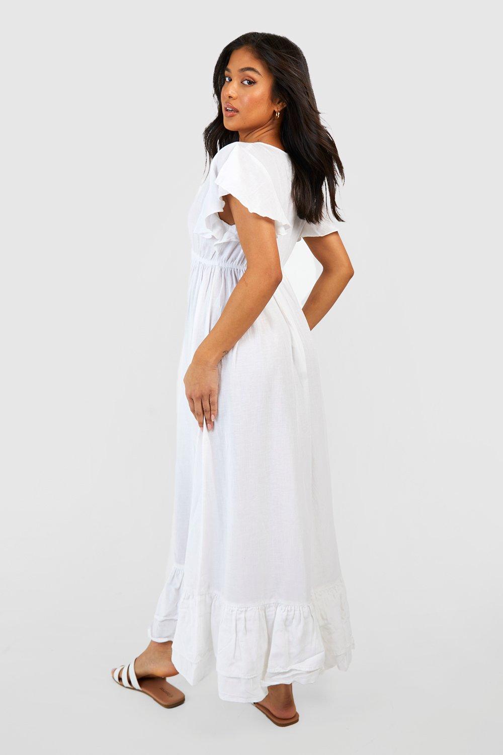 Women's Petite Angel Sleeve Linen Maxi Dress | Boohoo UK