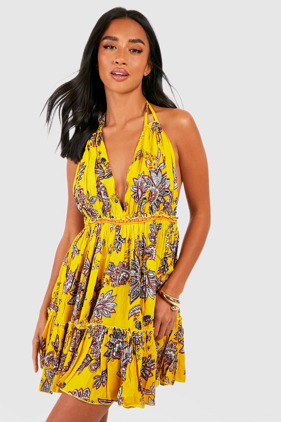 Yellow Petite Paisley Embroidered Skater Dress image number 1