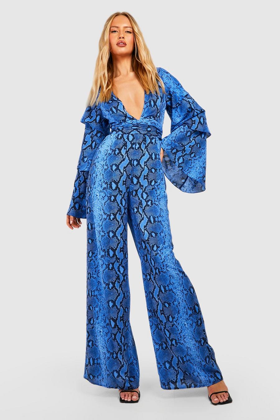 Tall Neon Schlagenprint Rüschen-Jumpsuit mit tiefem Ausschnitt und weitem Bein, Cobalt blau