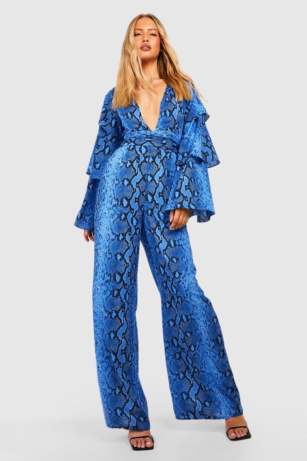 boohoo Tall Neon Snakeskin Print Plunge Ruffle Wide Leg Jumpsuit Women s Jumpsuits