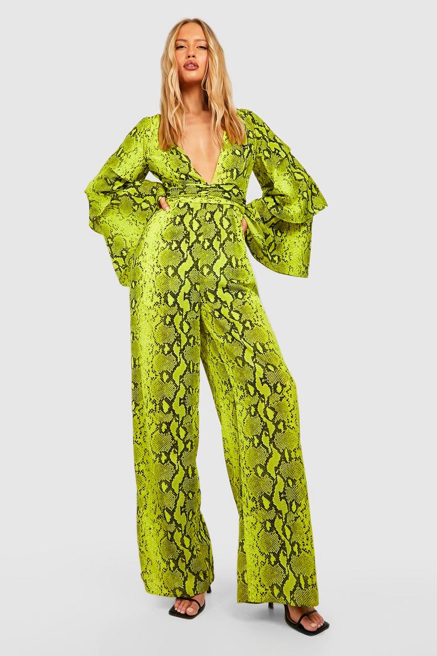 Tall Neon Schlagenprint Rüschen-Jumpsuit mit tiefem Ausschnitt und weitem Bein, Lime image number 1