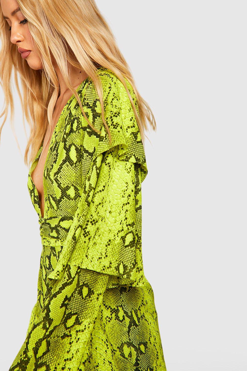 Tall Neon Snakeskin Print Plunge Ruffle Wide Leg Jumpsuit