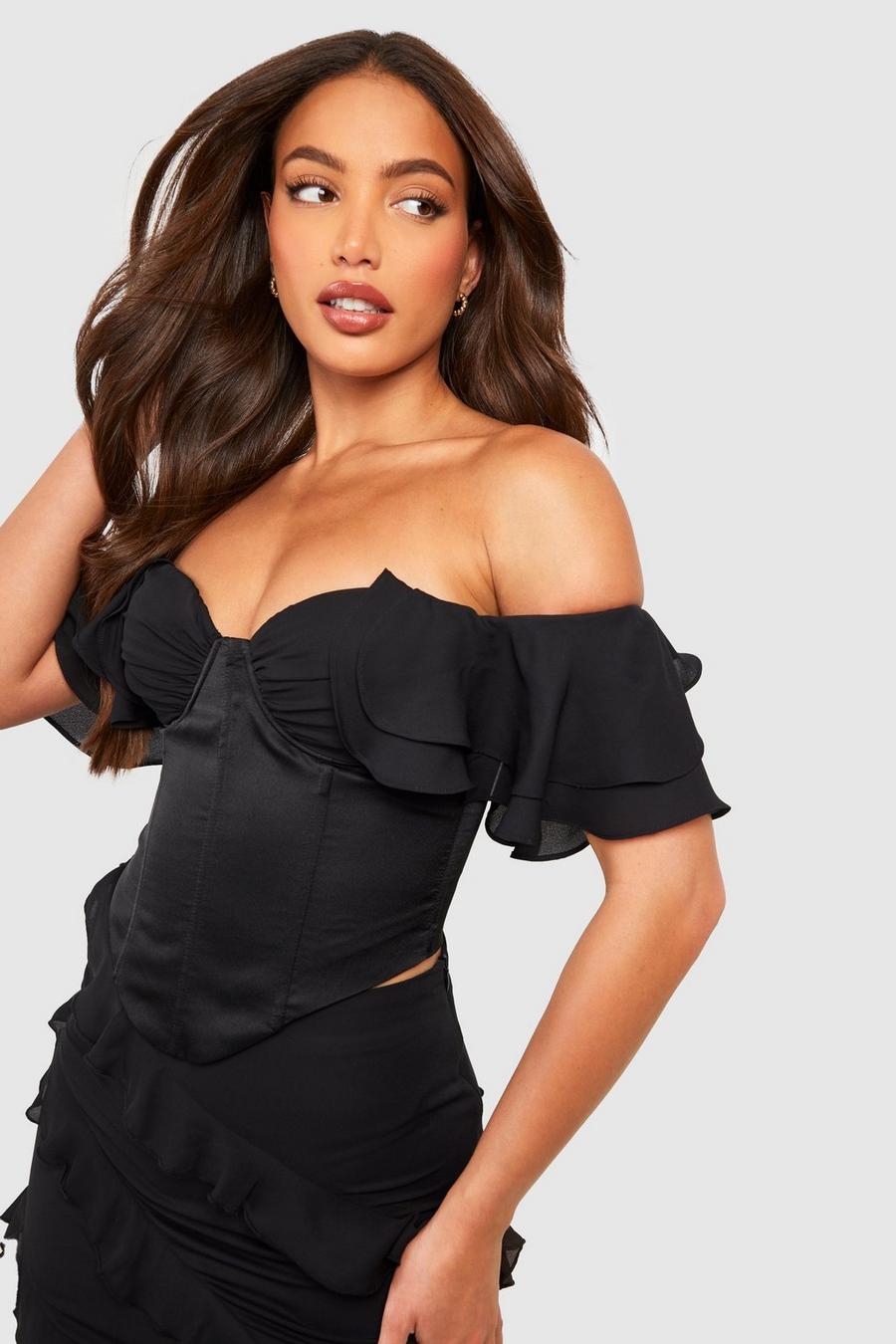 Black Tall Satin And Chiffon Corset Off Shoulder Top image number 1