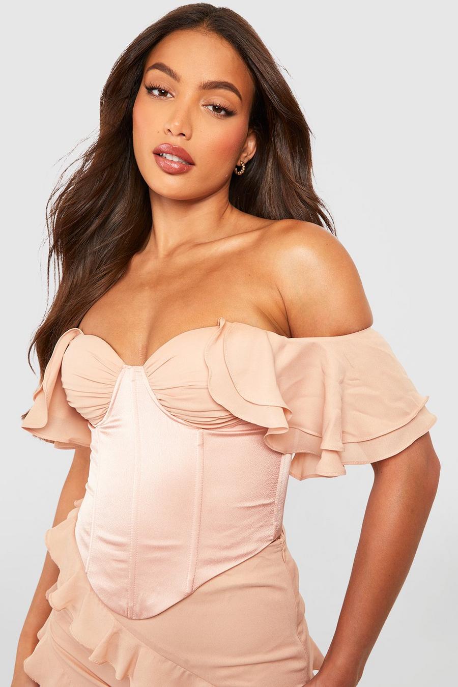 Champagne Tall Satin And Chiffon Corset Off Shoulder Top image number 1