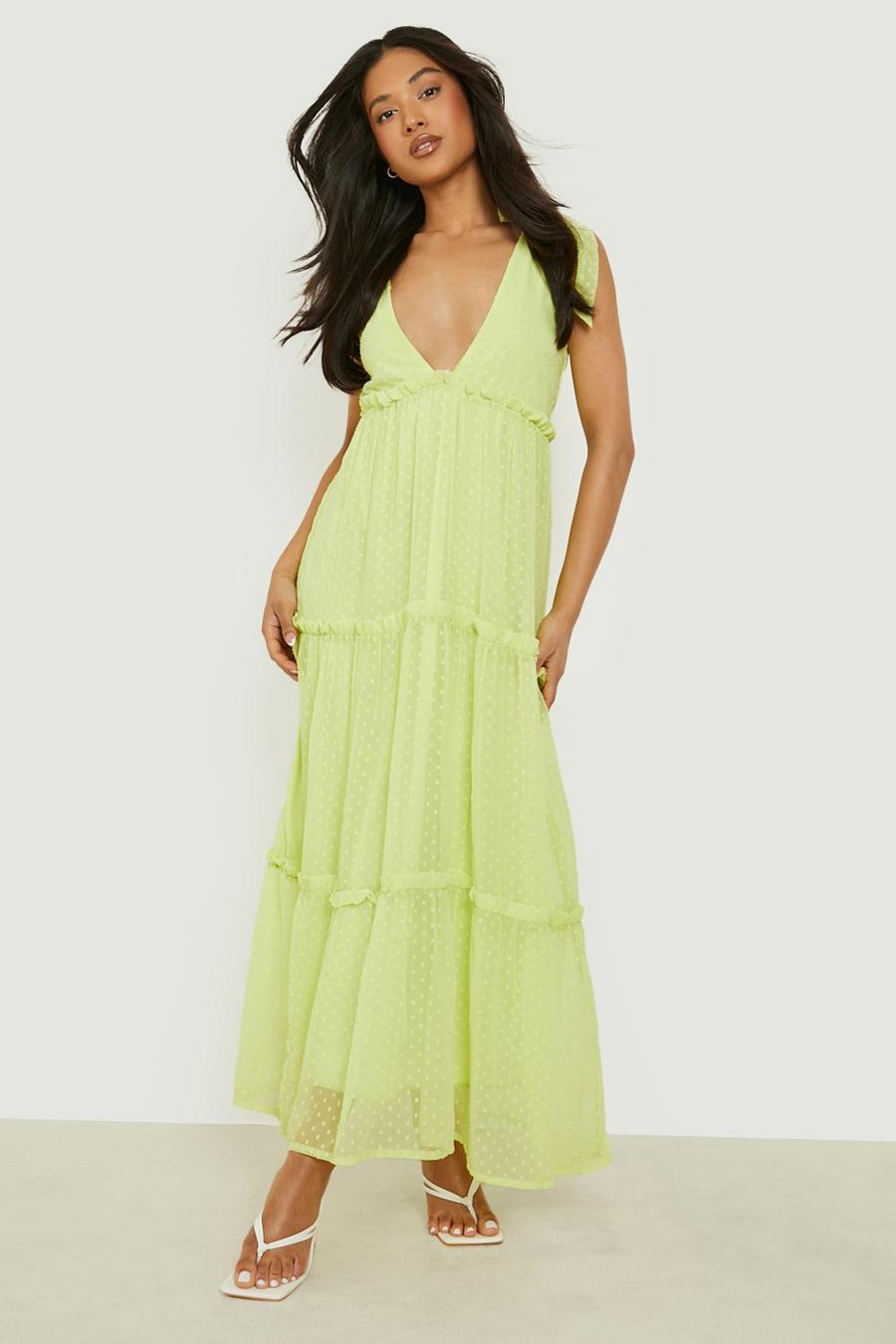 Lime Petite Dobby Mesh Tie Strap Maxi Dress image number 1