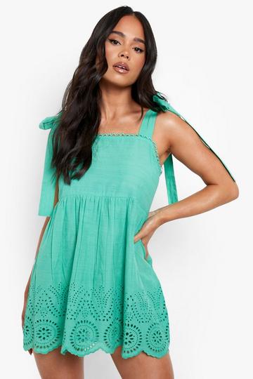 Green Petite Broderie Hem Tie Shoulder Cami Dress