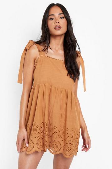 Petite Broderie Hem Tie Shoulder Cami Dress tan