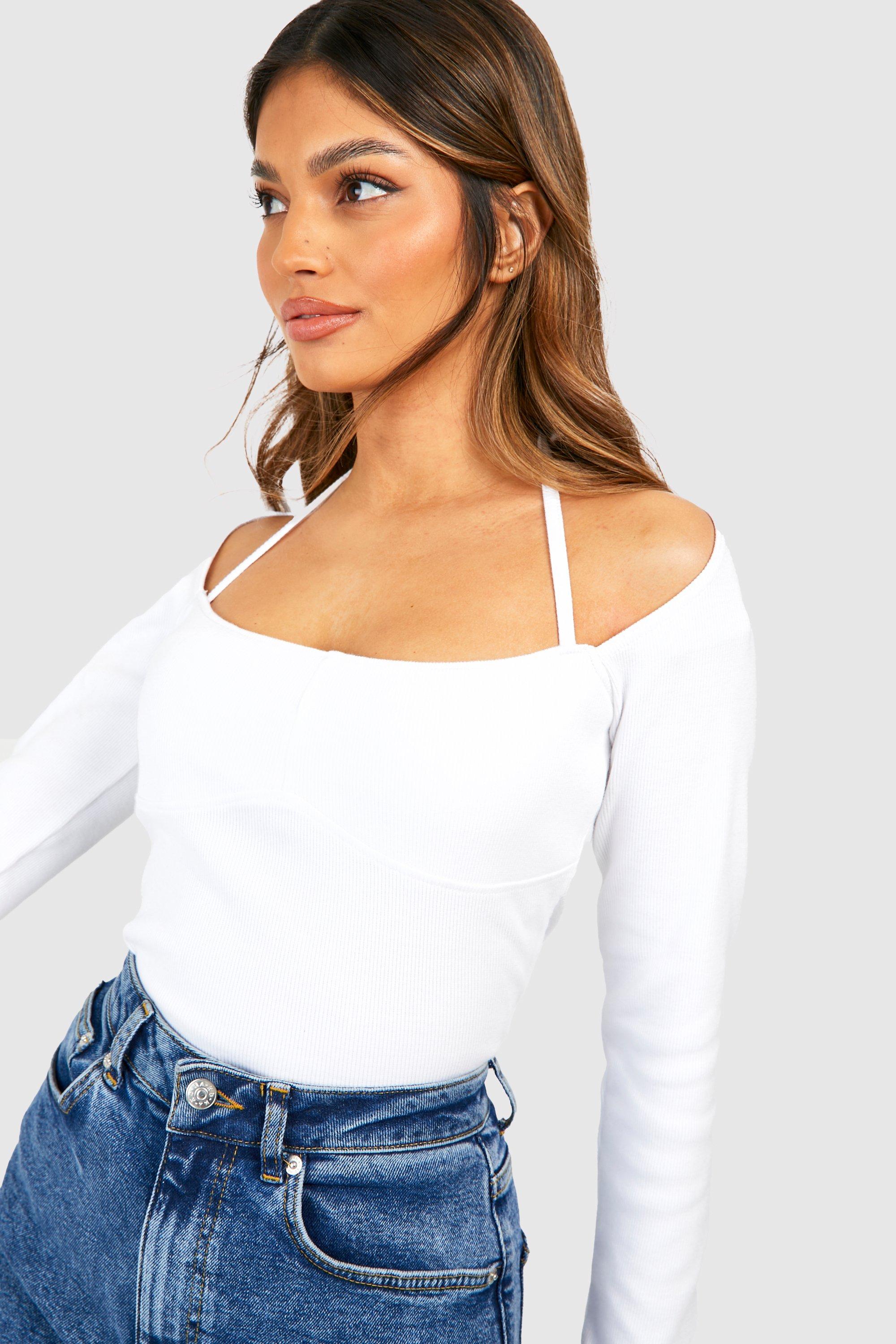 Halter Detail Corset Long Sleeve Rib Top