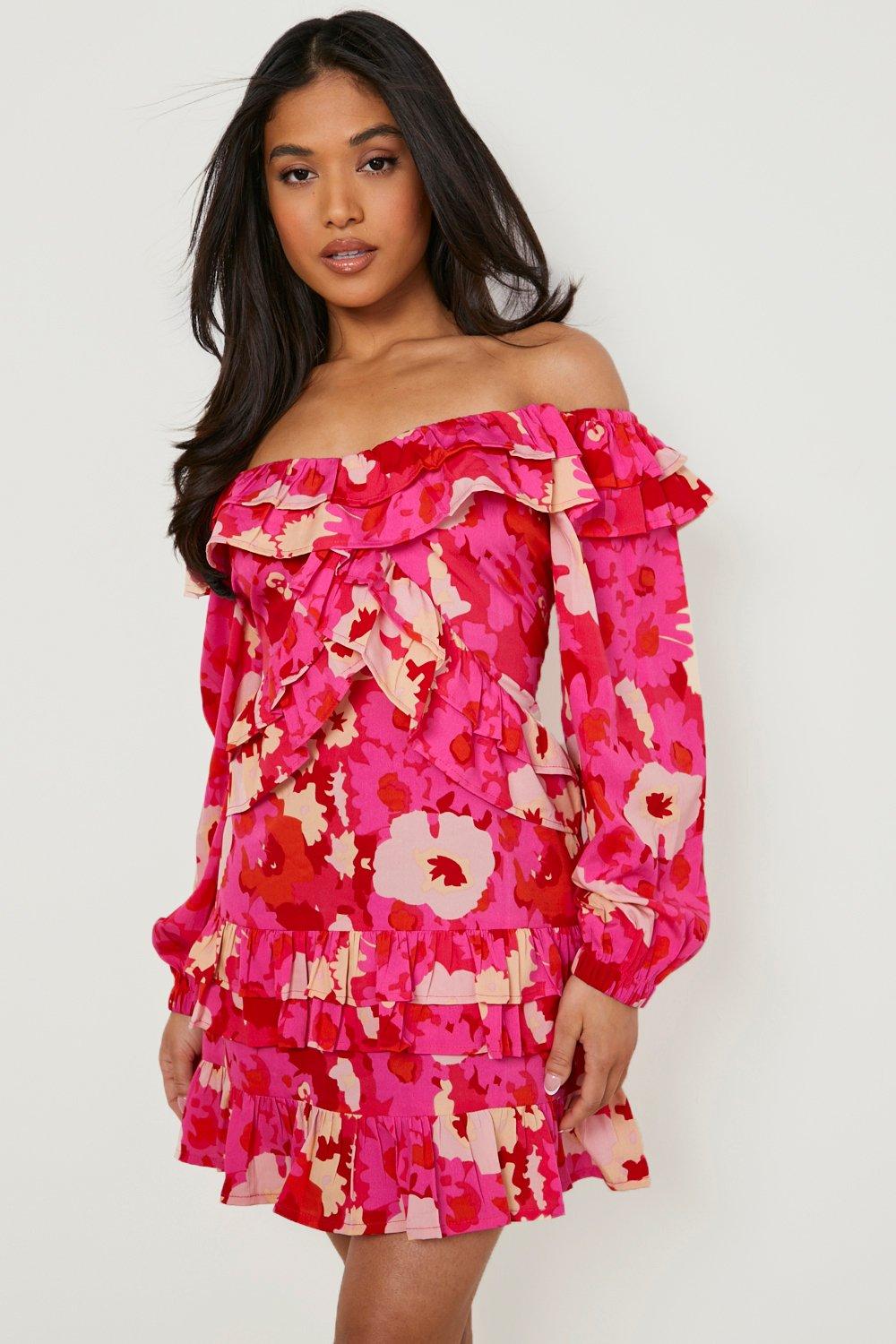 Boohoo pink ruffle store dress