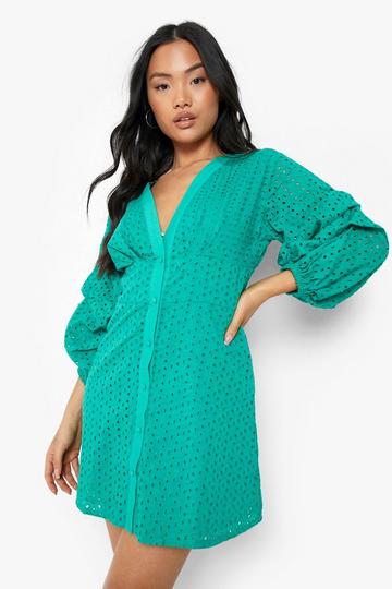 Green Petite Eyelet Ruched Puff Sleeve Mini Dress