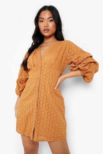 Petite Eyelet Ruched Puff Sleeve Mini Dress tan