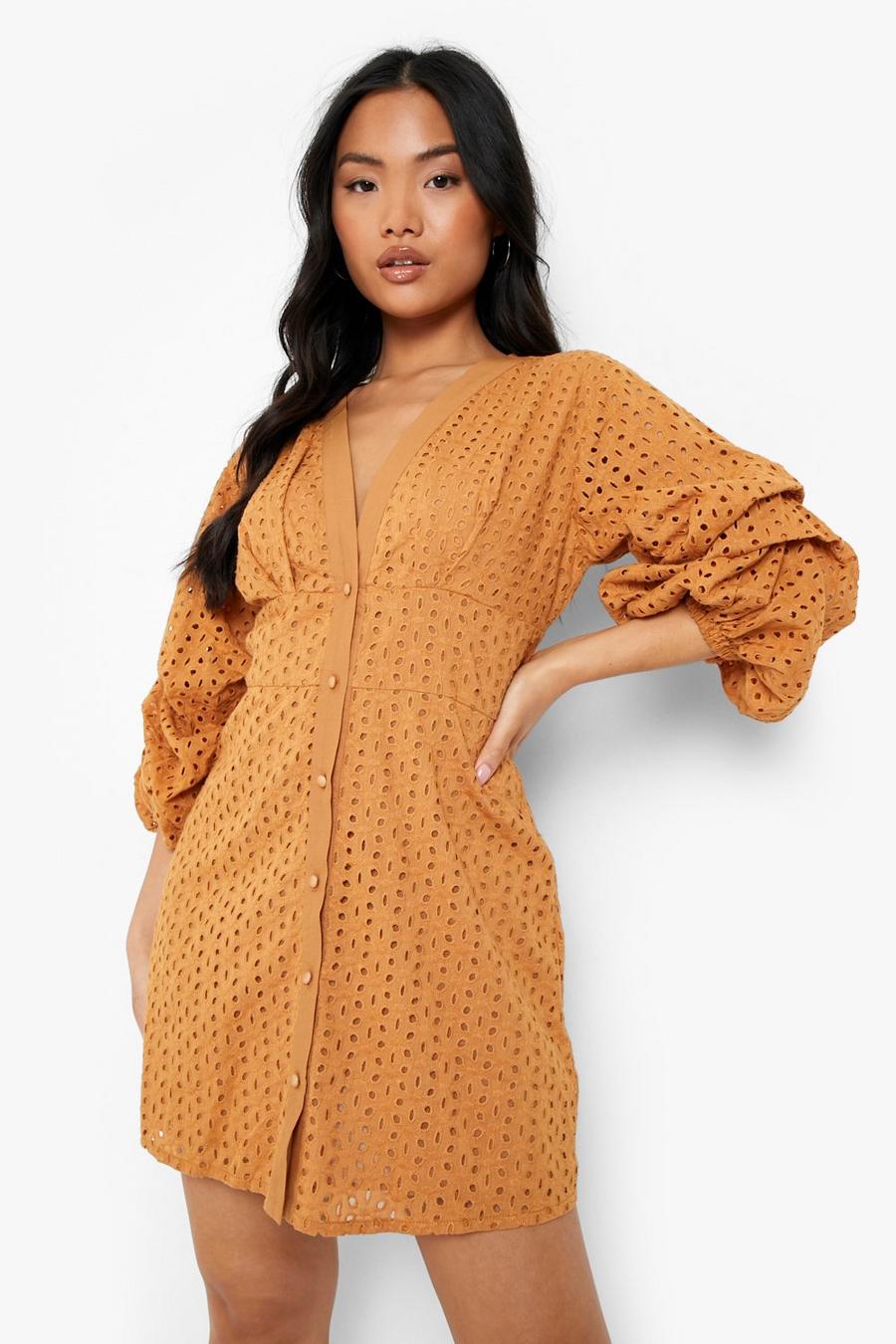 Tan Petite Eyelet Ruched Puff Sleeve Mini Dress