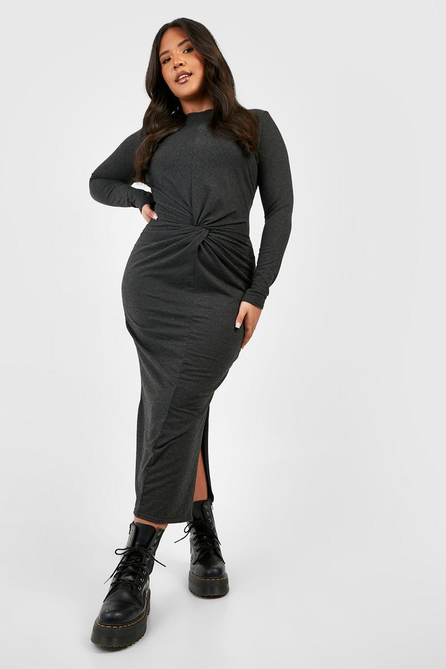 Charcoal Plus Super Soft Jersey Knit Twist Front Detail Midi Dress image number 1