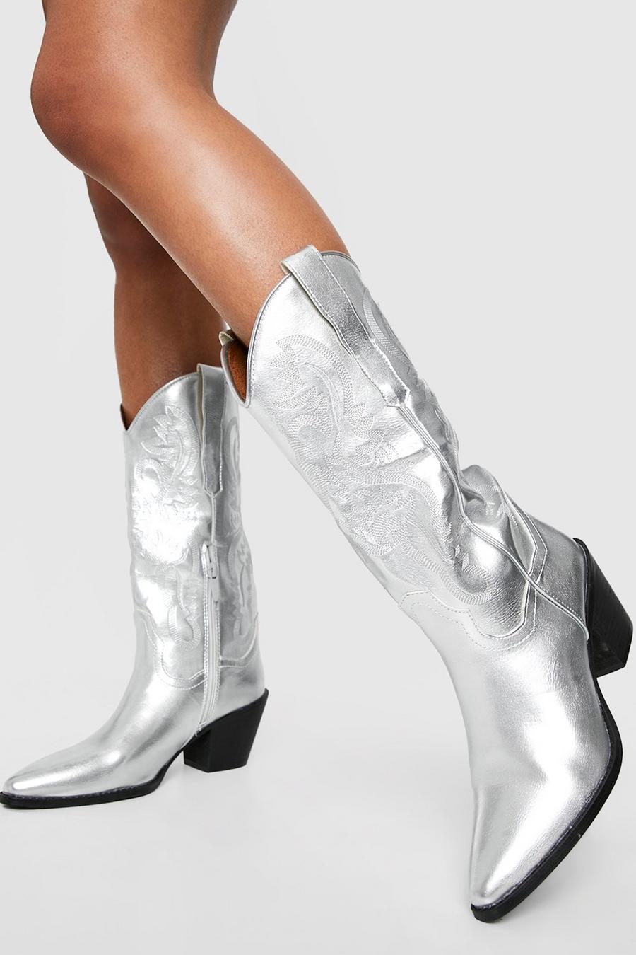 Silver Metallic Knee High Cowboy Western Boots 