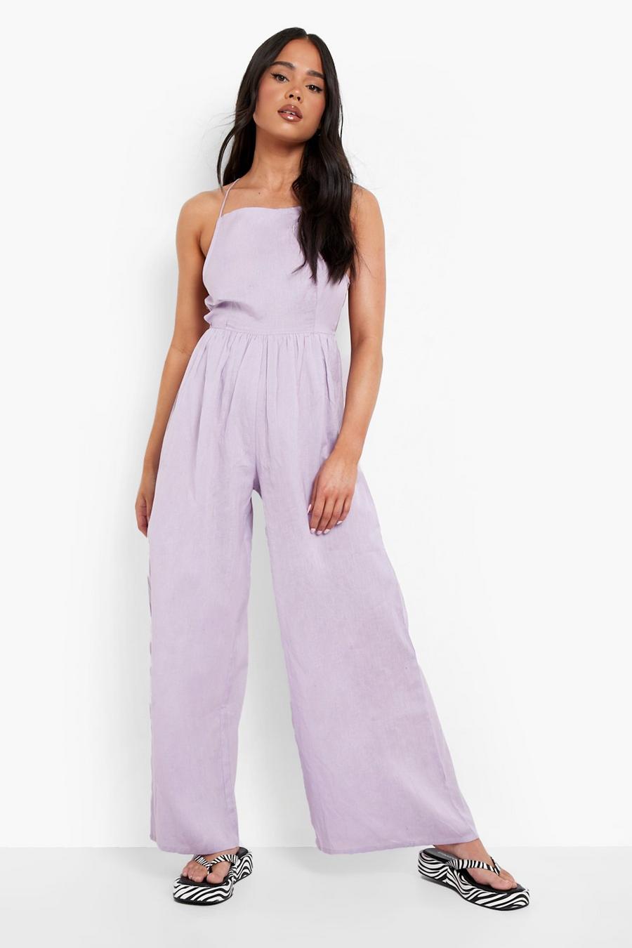 Lilac purple Petite Linen Strappy Back Wide Leg Jumpsuit