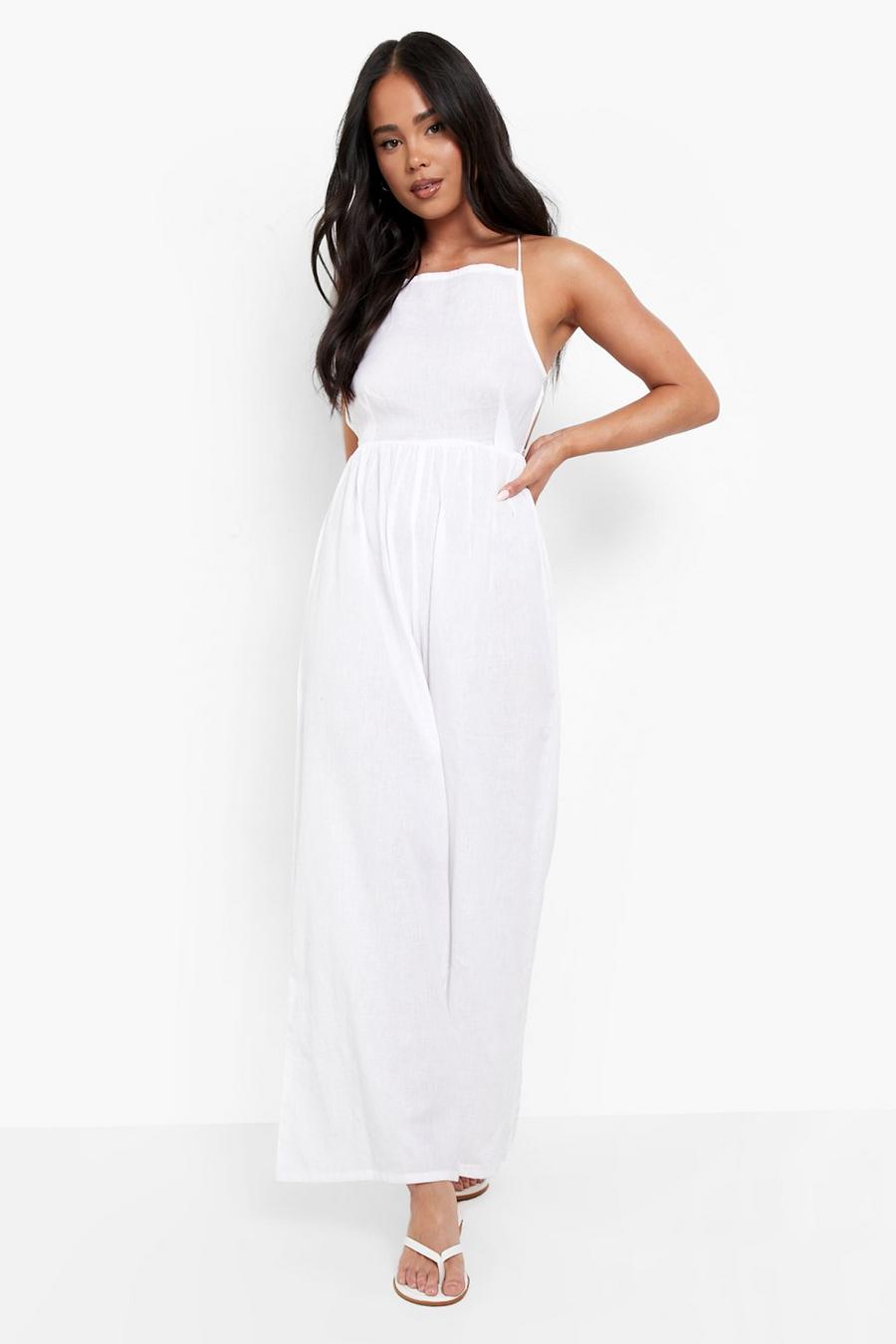 White Petite Linen Strappy Back Wide Leg Jumpsuit image number 1