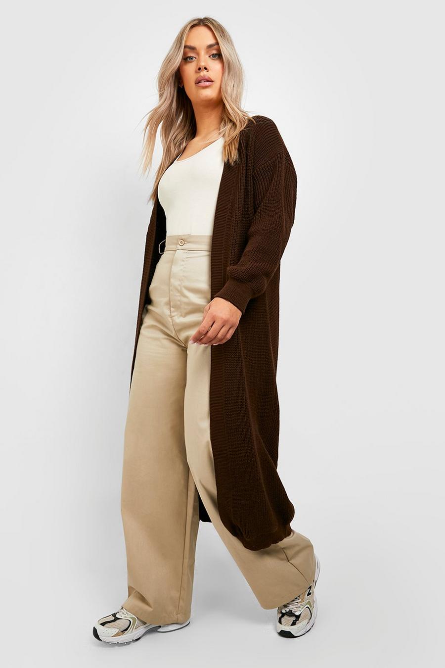 Chocolate brown Plus Knitted Oversized Maxi Cardigan