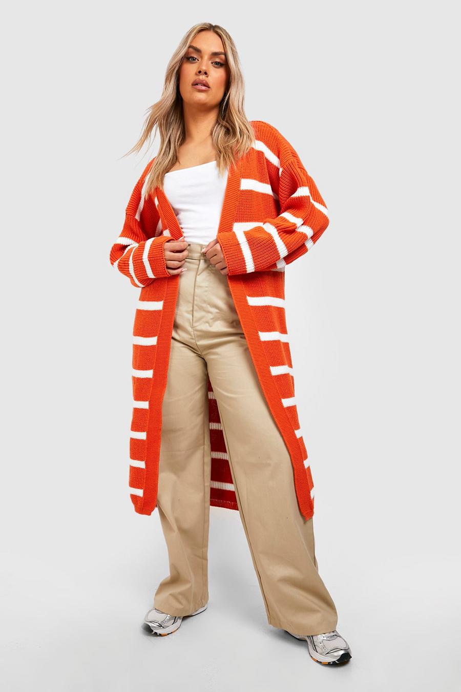 Orange naranja Plus Knitted Stripe Maxi Cardigans