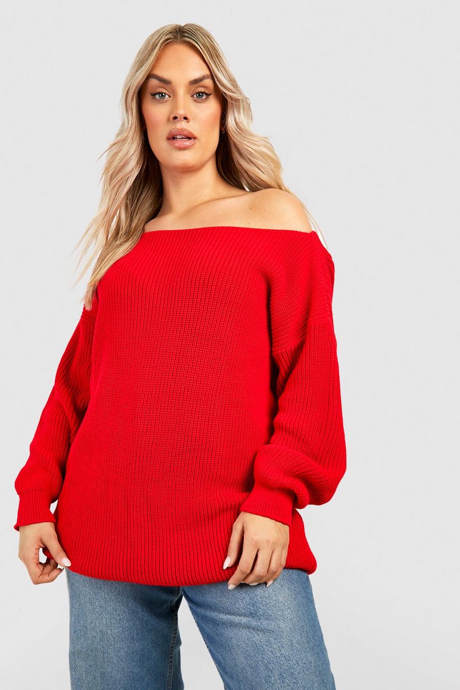 Red Plus Knitted Boat Neck Longline Sweater image number 1