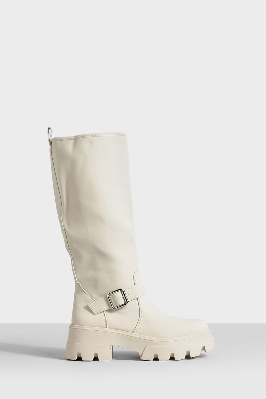 Cream Buckle Chunky Rubber Knee High Boots image number 1