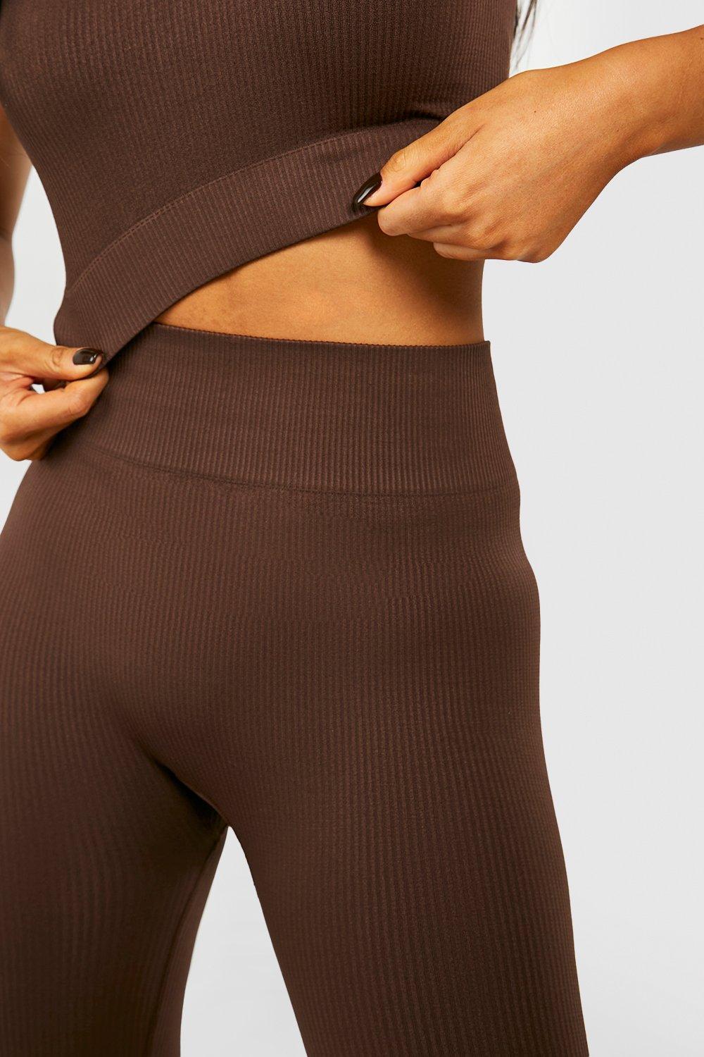 Women's Leggings, Brown Ribbed Full Length Leggings