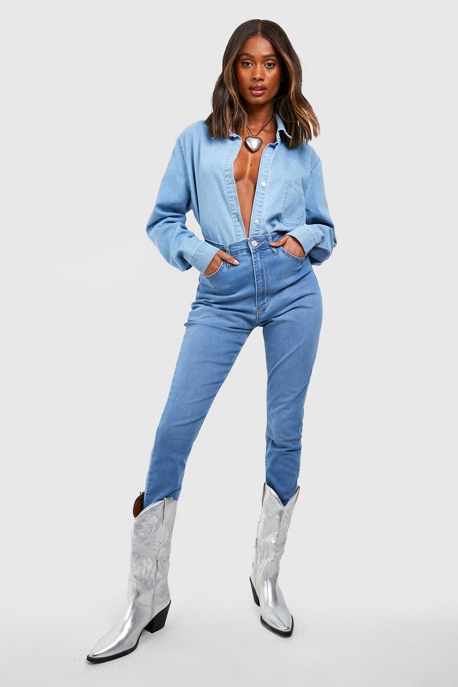 Jeans Skinny Fit a vita media modellanti sul retro, Mid blue image number 1