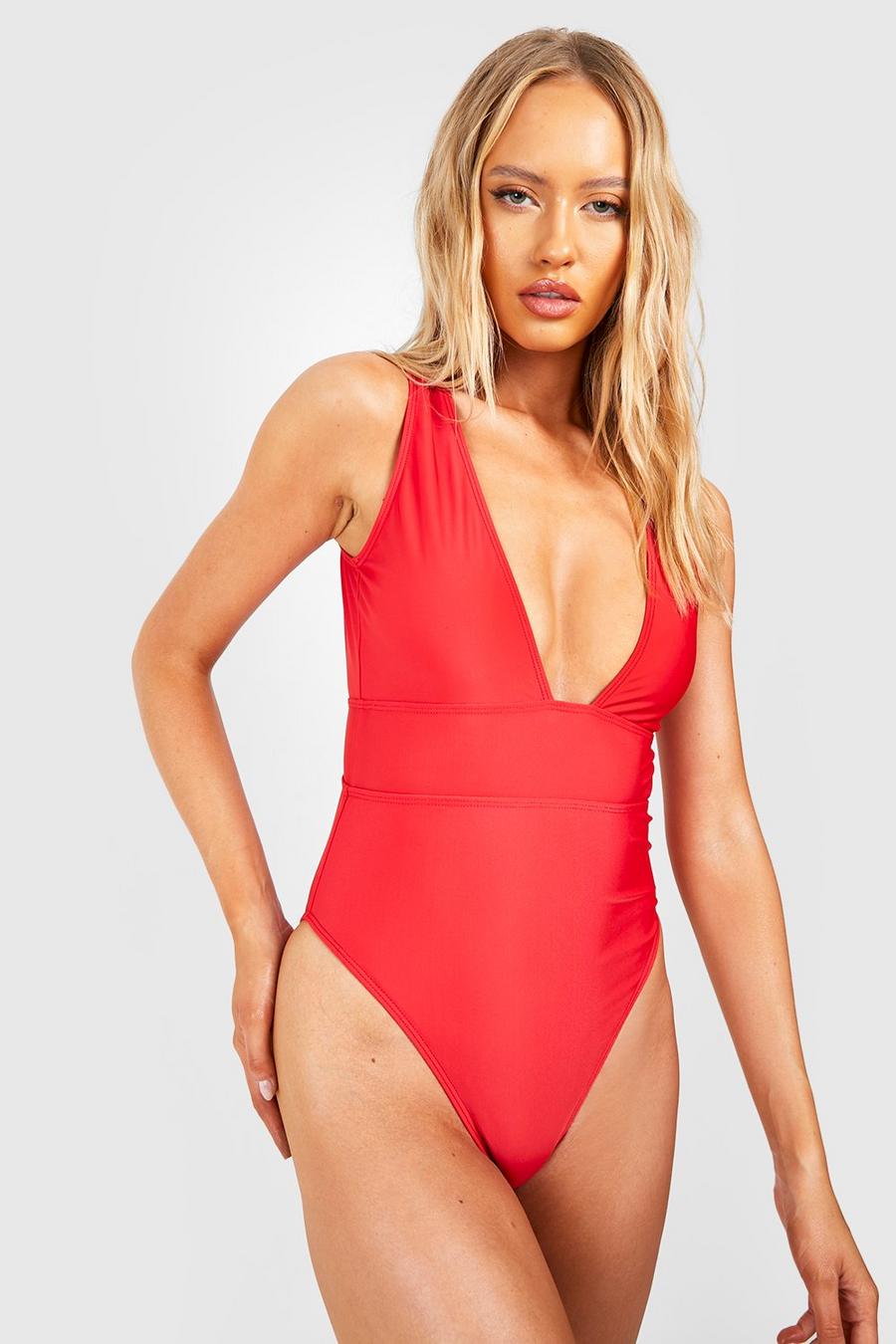 Red Tall Essentials Plunge Swimsuit image number 1