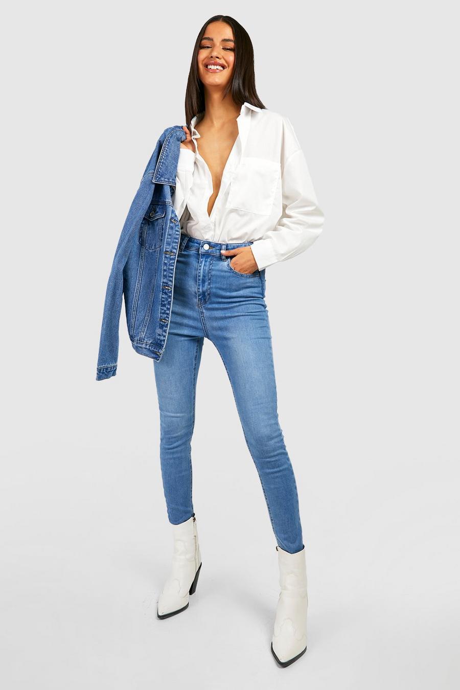 Mid wash Power Stretch Denim High Waisted Skinny Jeans image number 1