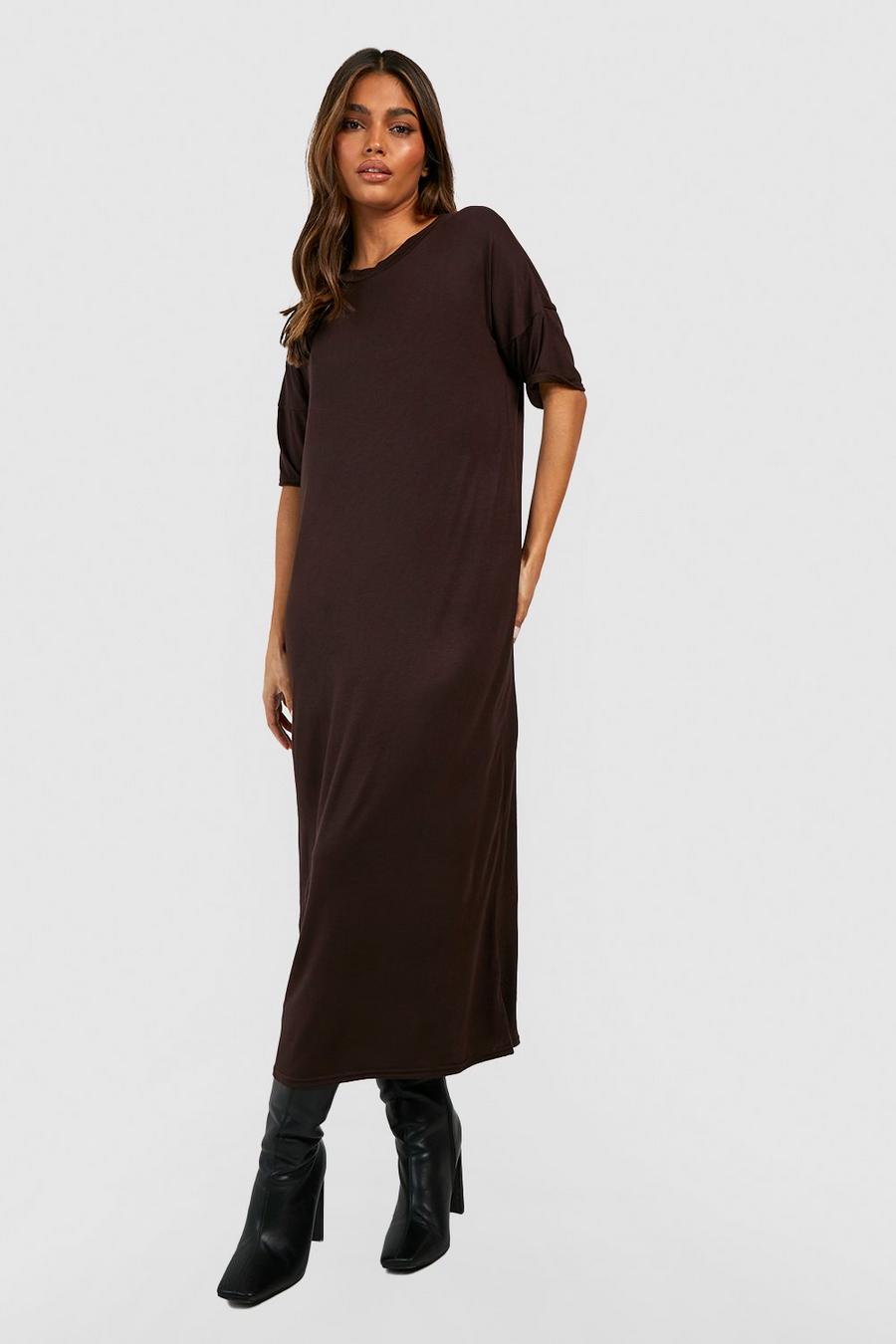Chocolate marrón Drop Shoulder Midi T-shirt Dress