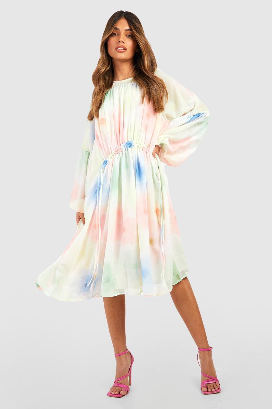 Chiffon Gathered Neck Midi Dress In Ombre image number 1