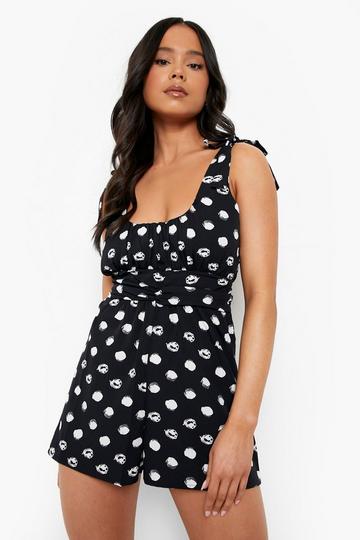 Petite Tie Strap Spot Print Playsuit black