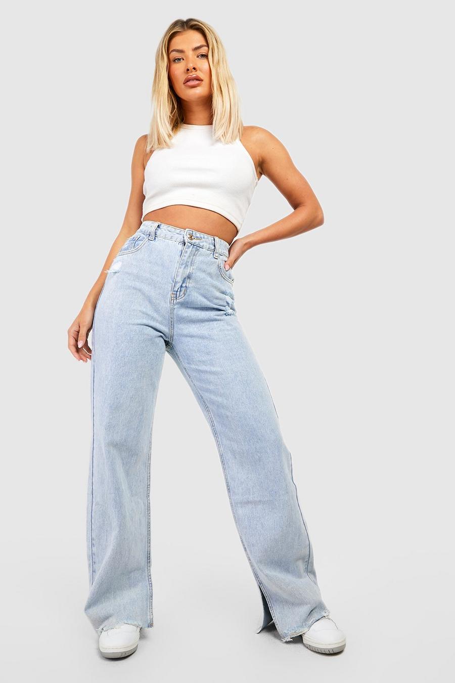 Light wash blue High Waisted Distressed Wide Leg Jeans
