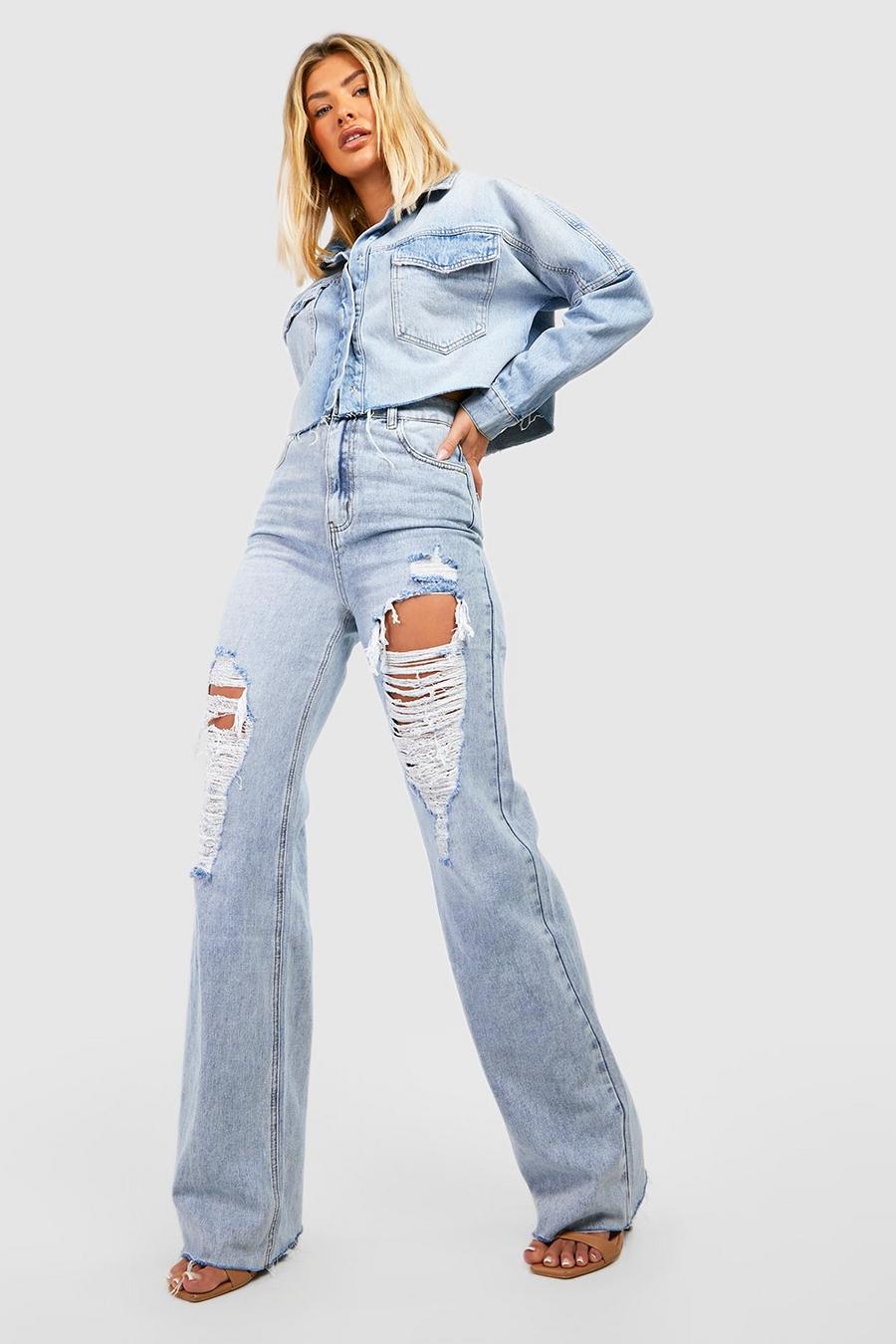 Light wash blue High Waisted Extreme Ripped Wide Leg Jeans image number 1