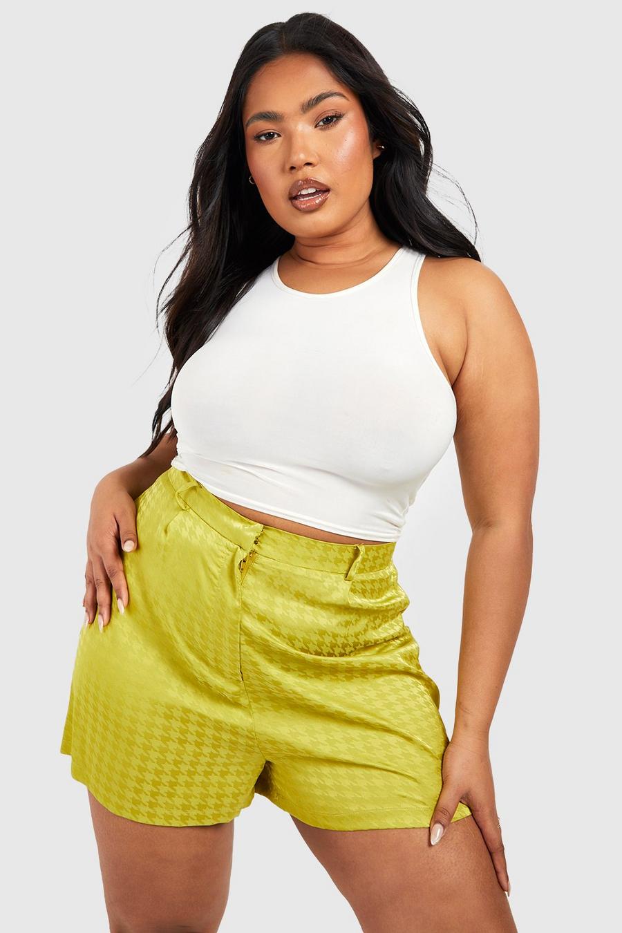 Chartreuse Plus Satin Dogtooth Tailored Shorts image number 1