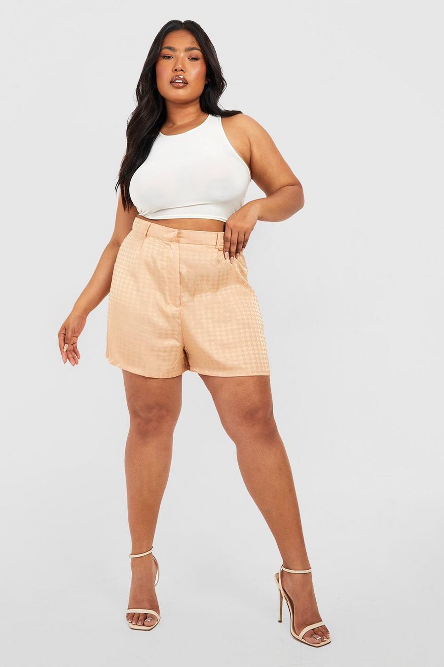 Taupe Plus Satin Dogtooth Tailored Shorts
