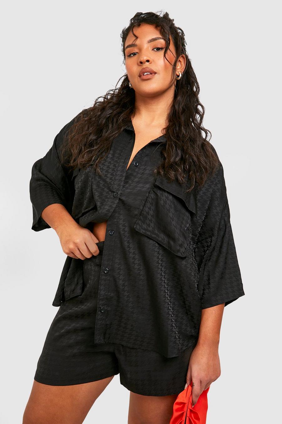 Camicia Plus Size oversize in raso in pied-de-poule, Black image number 1