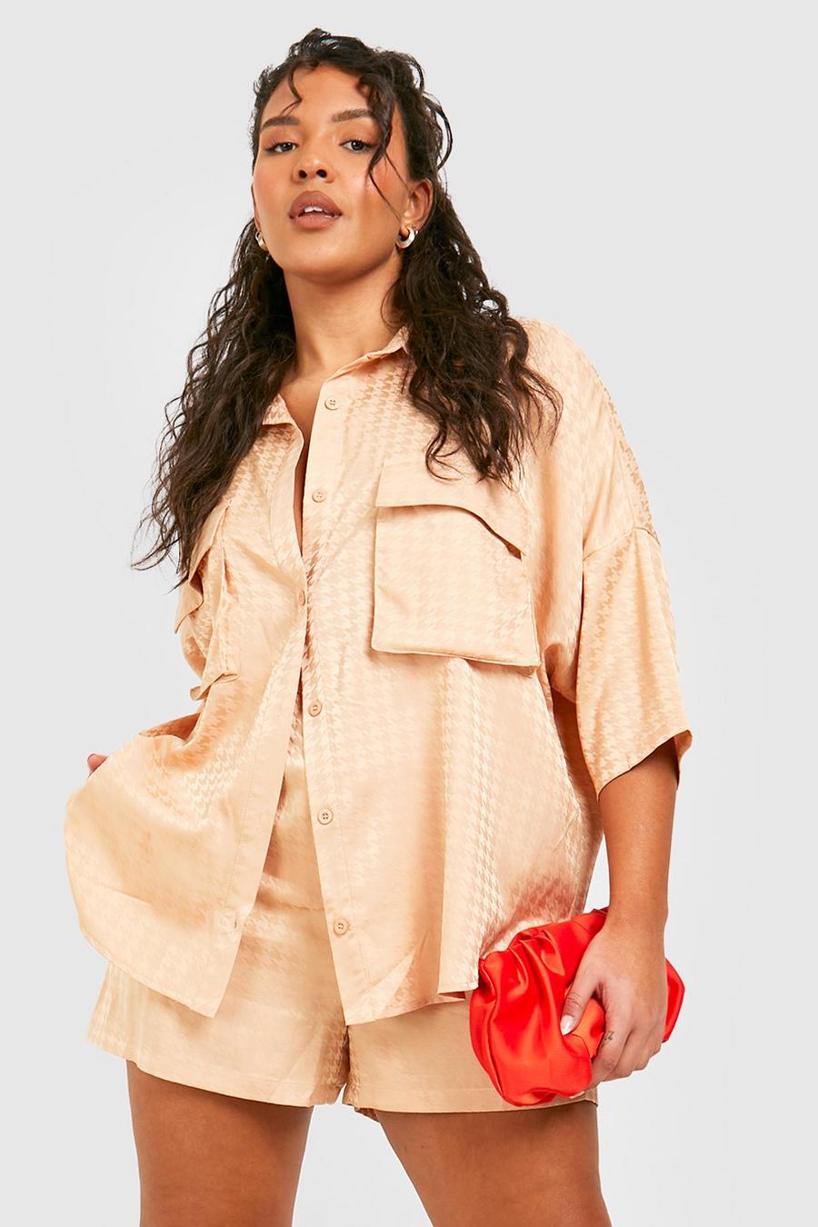 Camicia Plus Size oversize in raso in pied-de-poule, Taupe image number 1