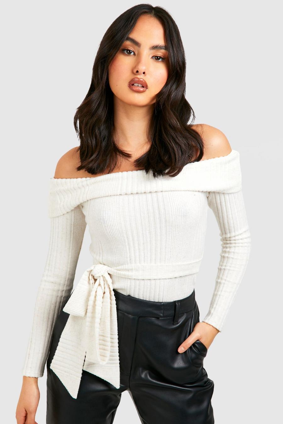 Cream white Brushed Jumbo Rib Off The Shoulder Belted Top