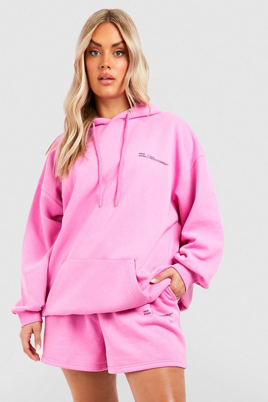 Pink rosa Plus Text Print Oversized Hoodie Short Tracksuit image number 1