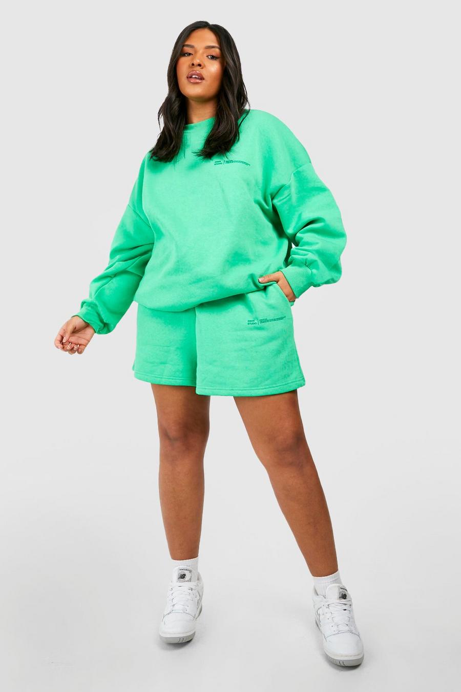 Plus Oversize Sweatshirt mit Text-Print und Shorts, Green image number 1